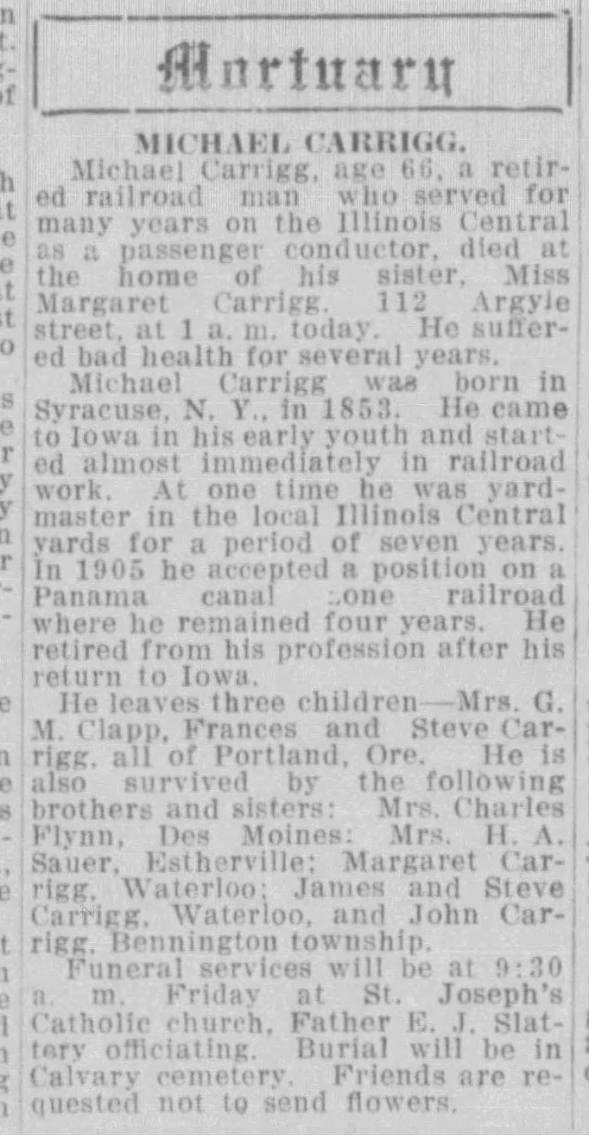 Michael Carrigg, obit, The Courier, Waterloo, Iowa, 03 Nov 1919, page 12